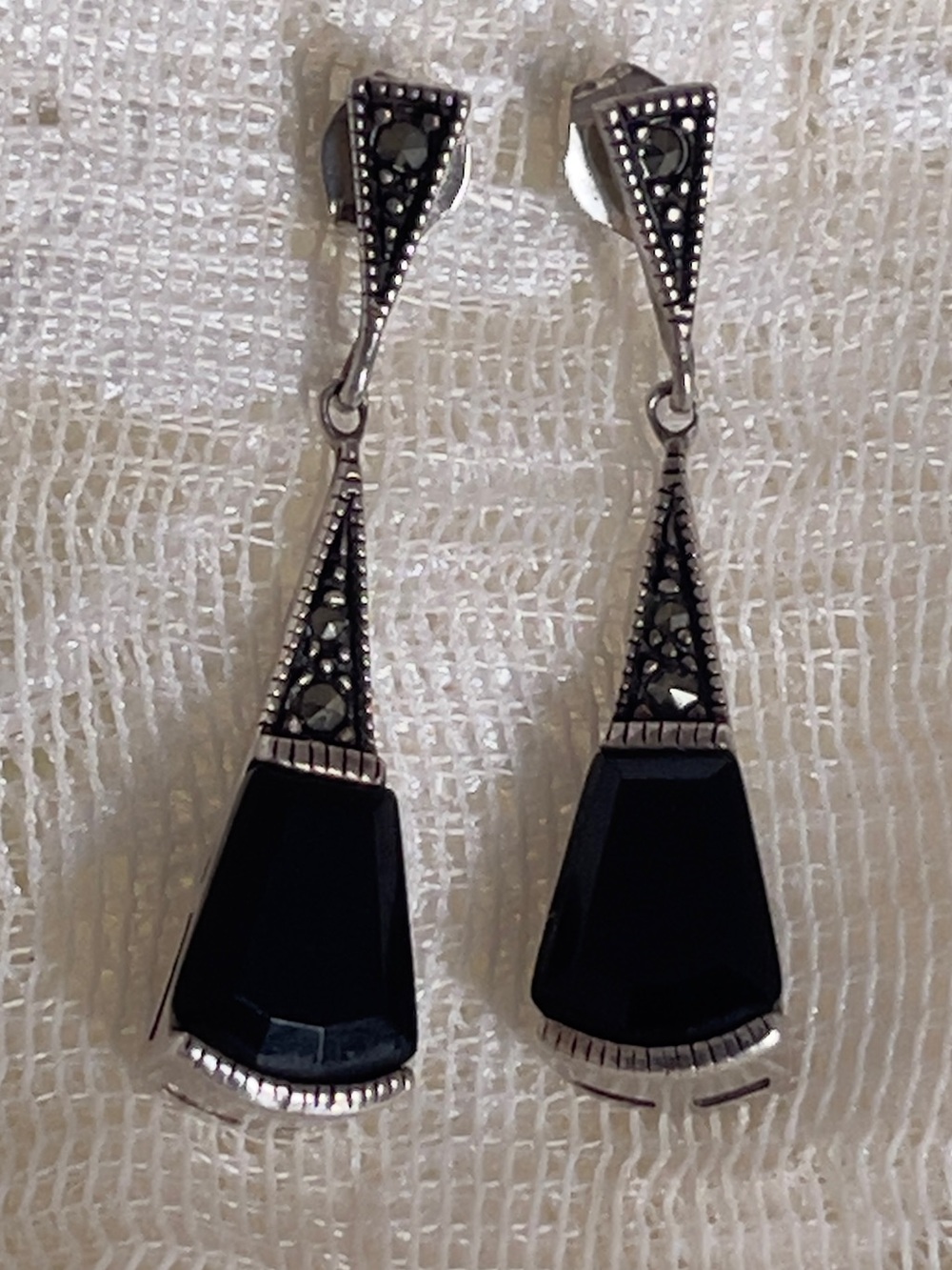 Vintage Sterling Silver Black Onyx Drop Earrings with Marcasite Accents